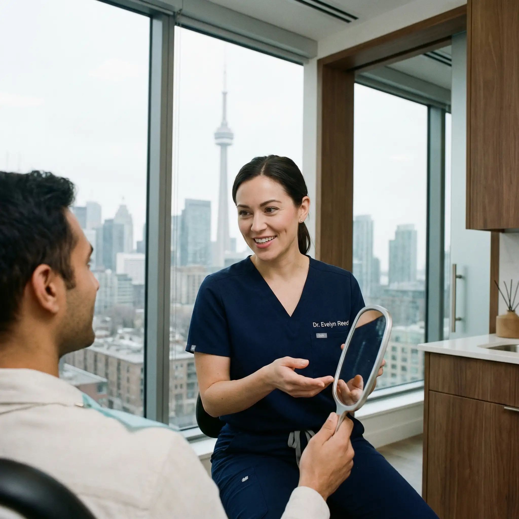 Patient consultation with Toronto city view